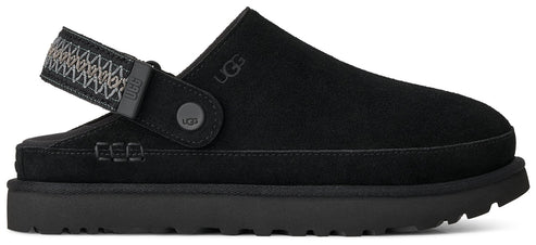 A black suede slipper-style shoe with a thick rubber sole and a patterned, adjustable woven heel strap attached by a circular snap button, featuring the word UGG debossed on the side and the strap.