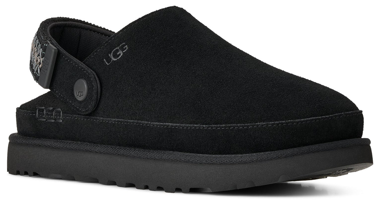A black suede slip-on shoe with a thick rubber sole and a back strap featuring a patterned design, with the word UGG embossed on the side.