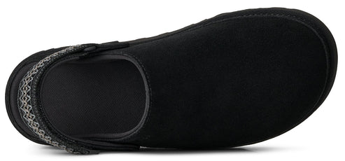 A top-down view of a black slip-on shoe with a grey patterned heel strap against a plain white background.