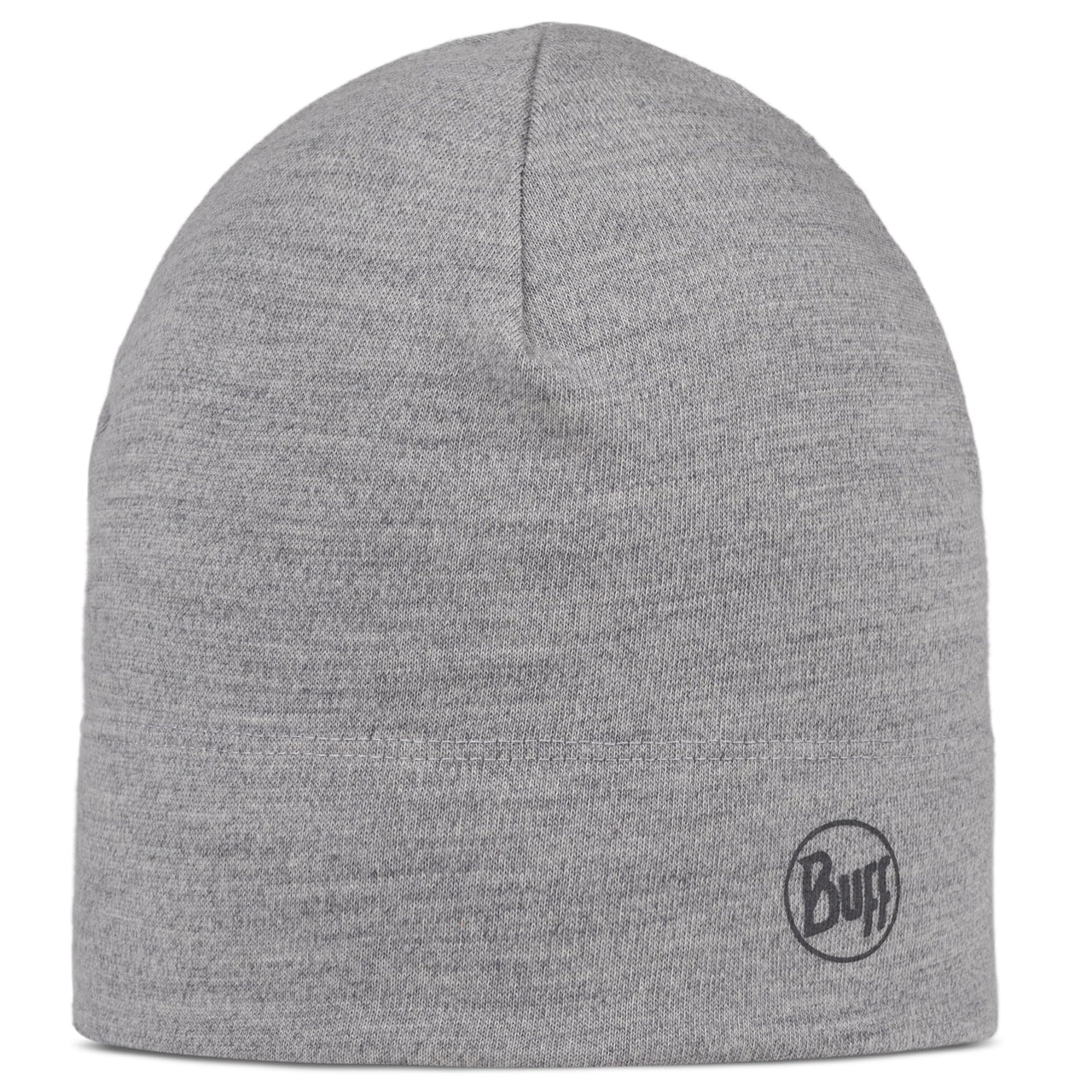 Grey knit beanie with a circular logo near the brim
