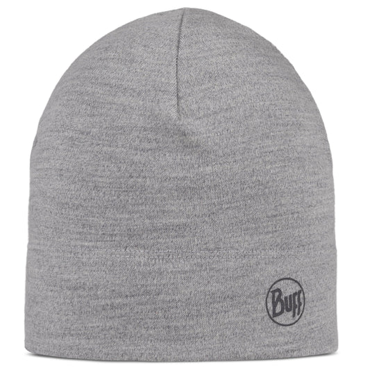 Grey knit beanie with a circular logo near the brim