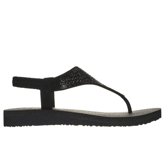 Black toe thong sandal with back strap and embellished strap.