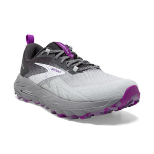 Gray and white trail running shoe with purple accents and speckled laces.
