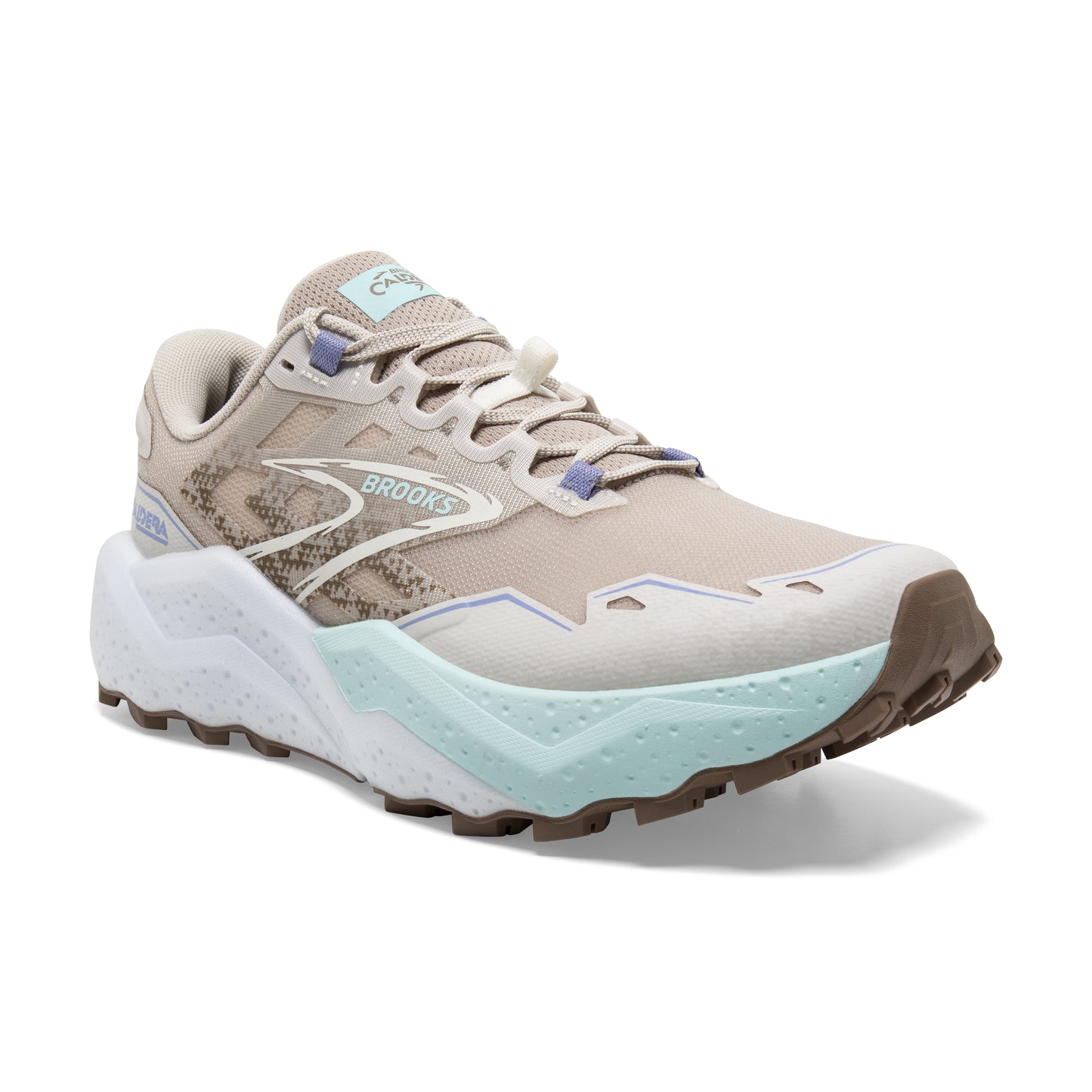 A low-rise trail running shoe with light tan and beige upper, a light teal foam midsole, and a brown lug sole.