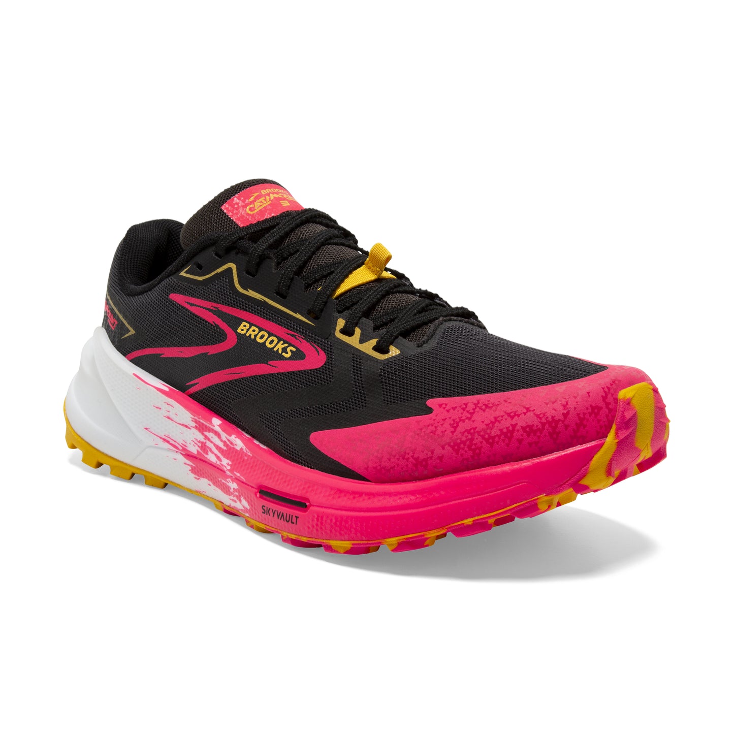 Running shoe with black upper, pink midsole, and white heel.