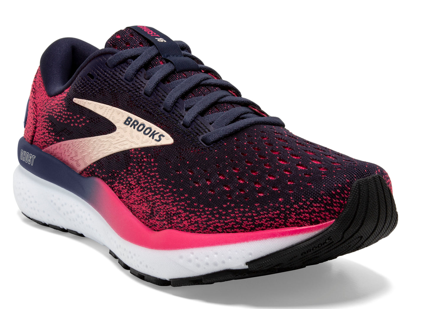 Running shoe with dark purple and pink upper, white midsole, black outsole, and a light gold logo that says BROOKS.