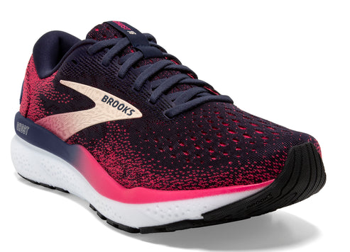 Running shoe with dark purple and pink upper, white midsole, black outsole, and a light gold logo that says BROOKS.