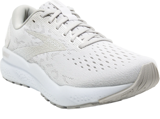 White running shoe with lace-up closure and perforations.