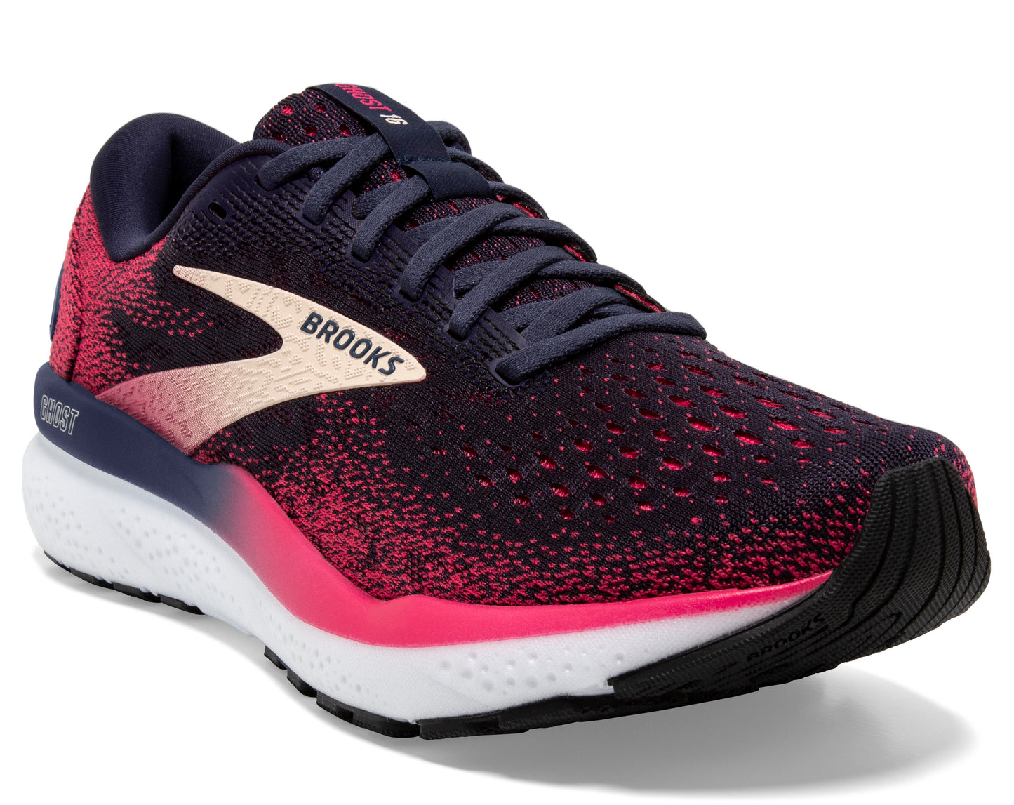 Running shoe: dark blue and pink upper, white sole, and black outsole, with "BROOKS" printed in beige on the side.