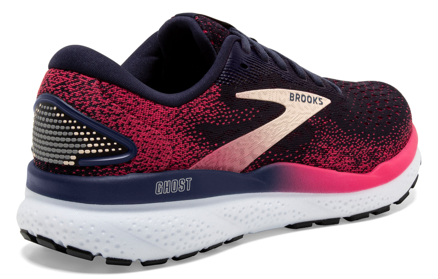 Running shoe, dark upper with pink accents, white midsole, "GHOST" text.