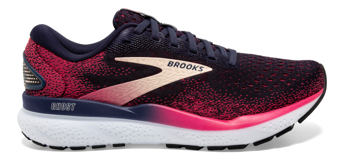 Running shoe with a gradient of black and pink on the upper, with a white sole and the word "GHOST" on the side.