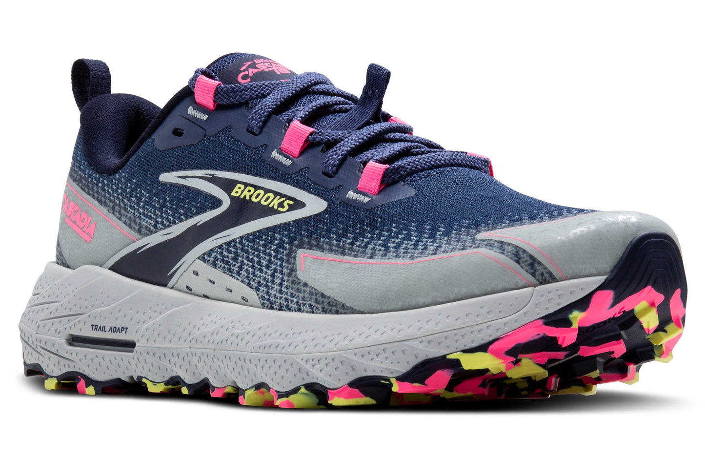 Blue and gray trail running shoe with a speckled sole.