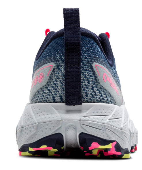 Rear view of a shoe with a blue and grey knit upper, a thick white midsole and a black and pink accented outsole.