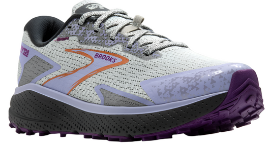 A running shoe with a white upper, orange logo, gray and purple accents, and a lugged black sole.