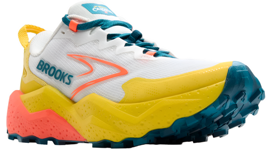 Trail running shoe with white mesh upper, teal laces, yellow midsole and orange accents.