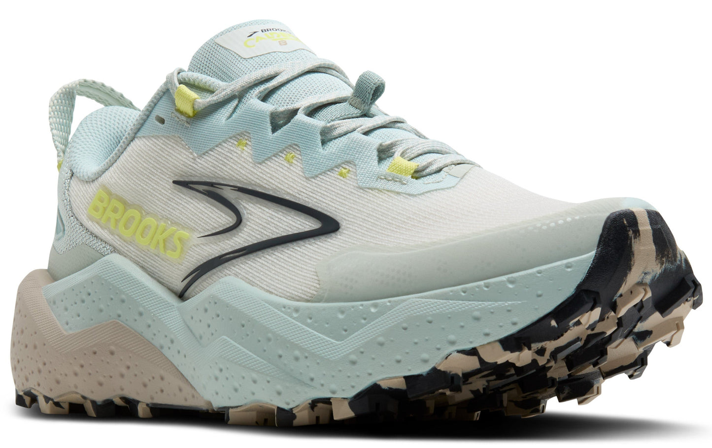 Low-cut trail running shoe in off-white with aqua accents, bright yellow branding, black logo, and high-traction sole.
