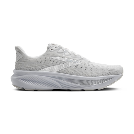 A white running shoe with a thick white sole.