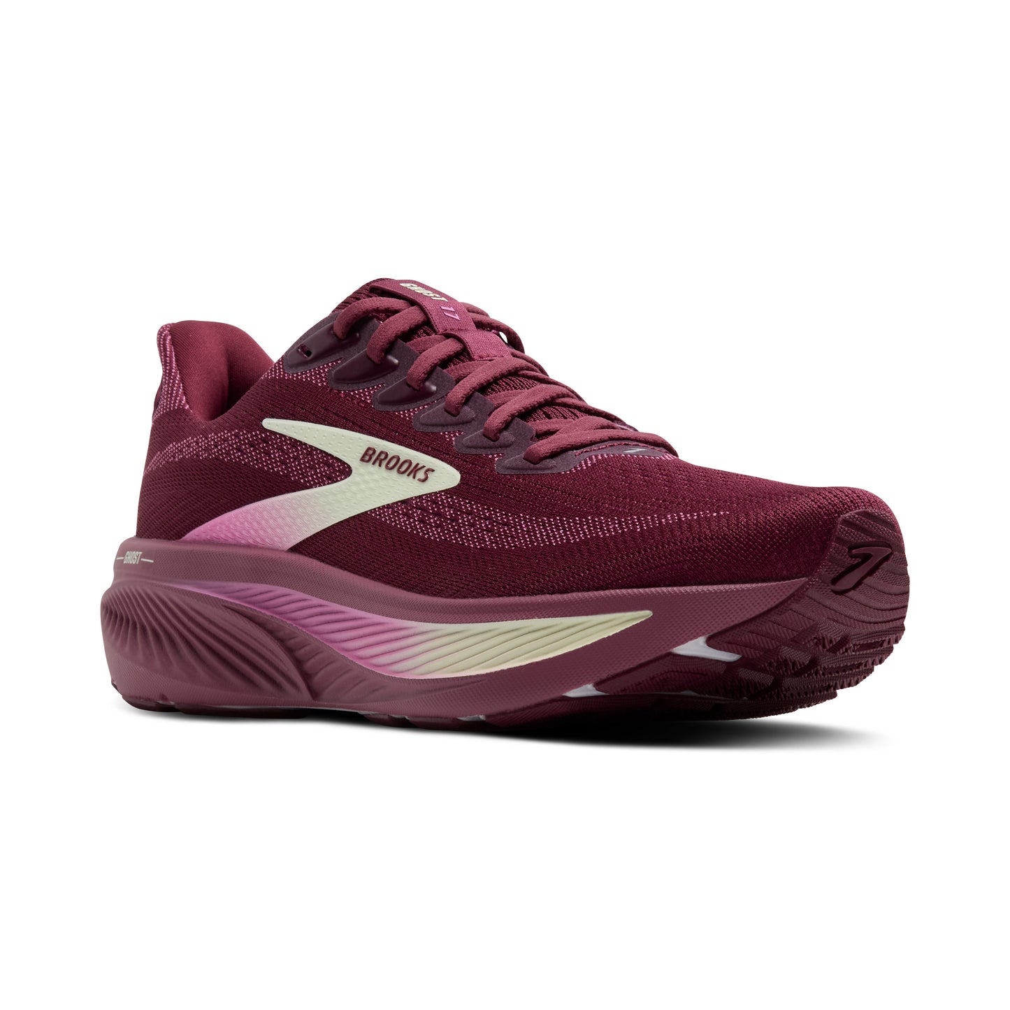 Burgundy running shoe with off-white and pink accent marks.