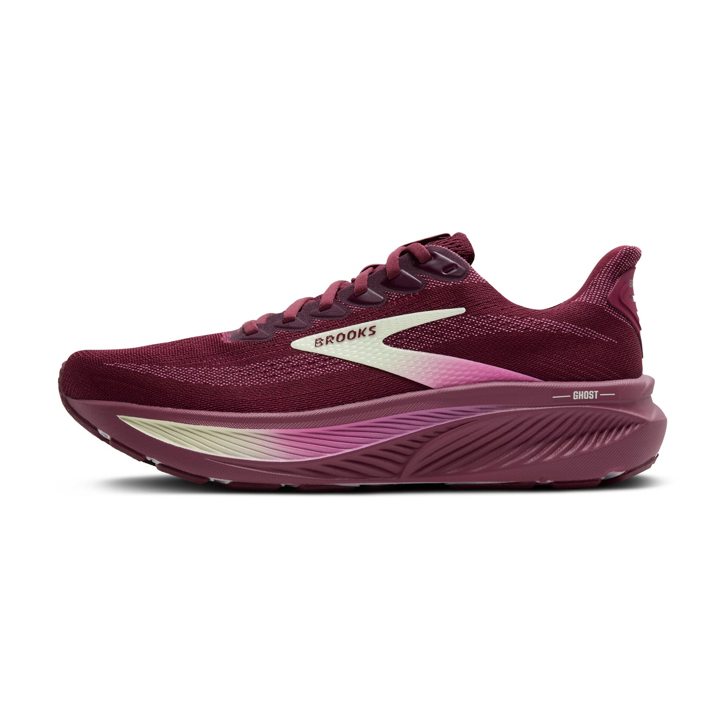 A running shoe in dark red with the word "BROOKS" visible on the side.