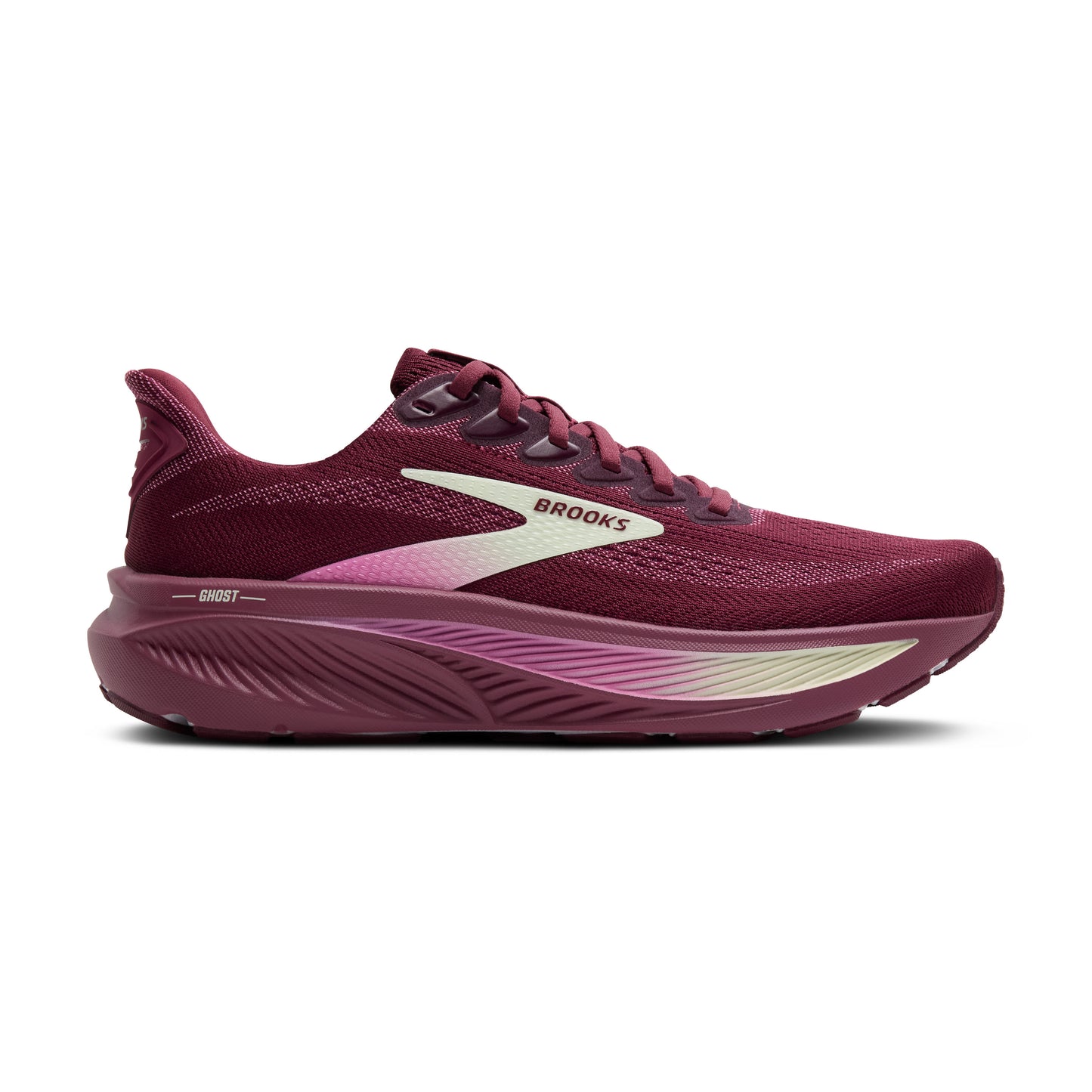 A burgundy running shoe with an off-white logo.