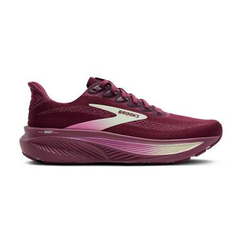 A burgundy running shoe with an off-white logo.