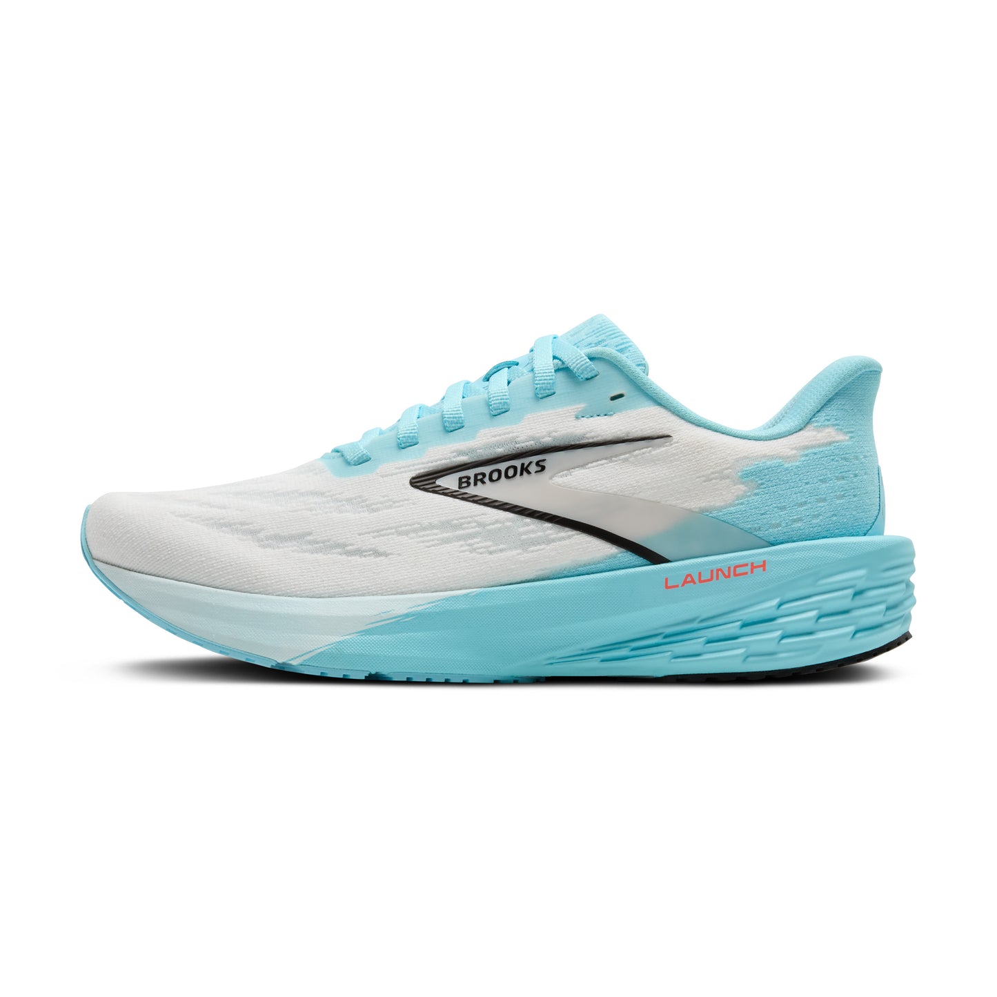 Running shoe with white and light blue upper and sole, with the text "BROOKS" printed on the side.