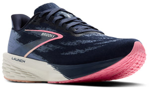 Navy blue running shoe with pink accents and 'BROOKS' logo.