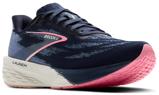 Navy blue running shoe with pink accents and 'BROOKS' logo.
