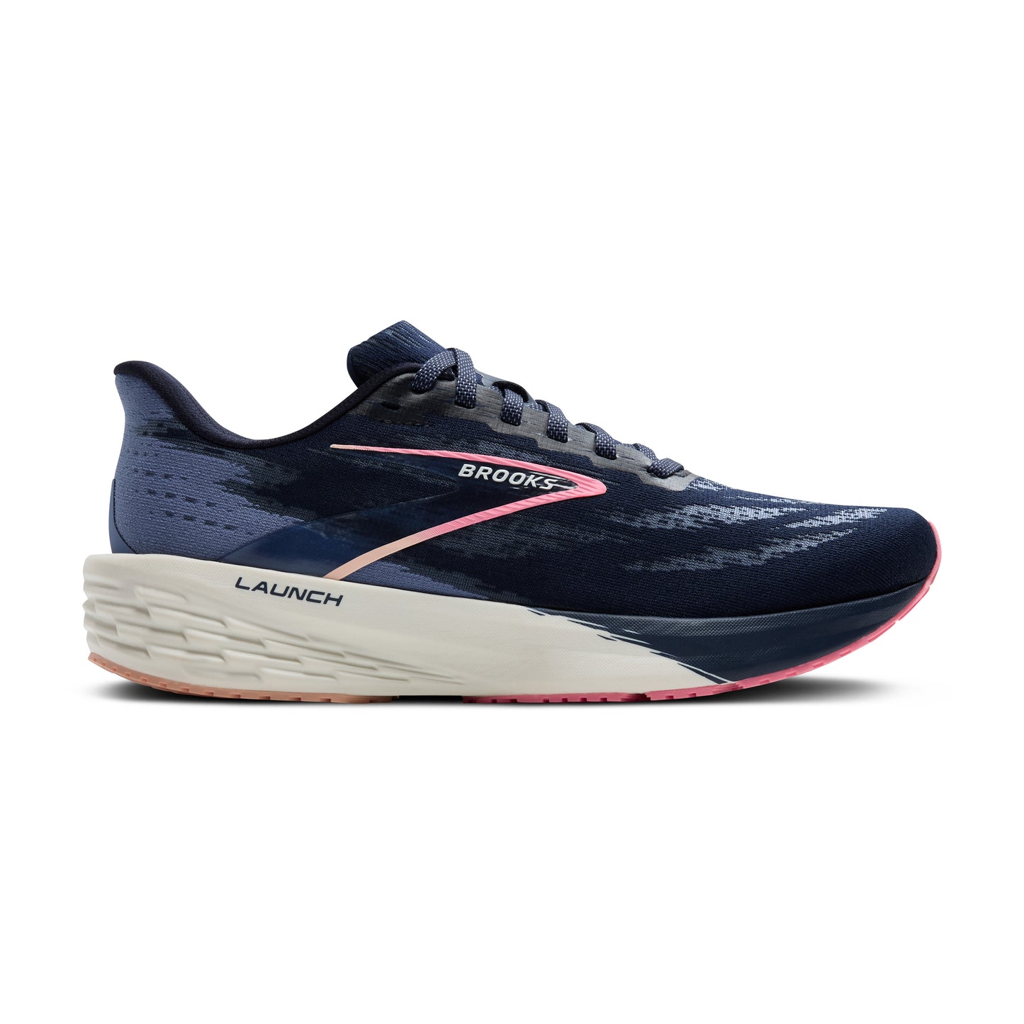 Dark blue running shoe with pink accent stripe and cream sole.