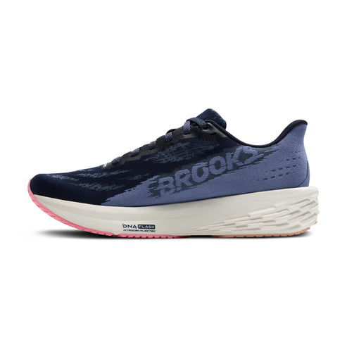 Side view of a navy and periwinkle running shoe with "BROOKS" text, white sole, and pink accents.