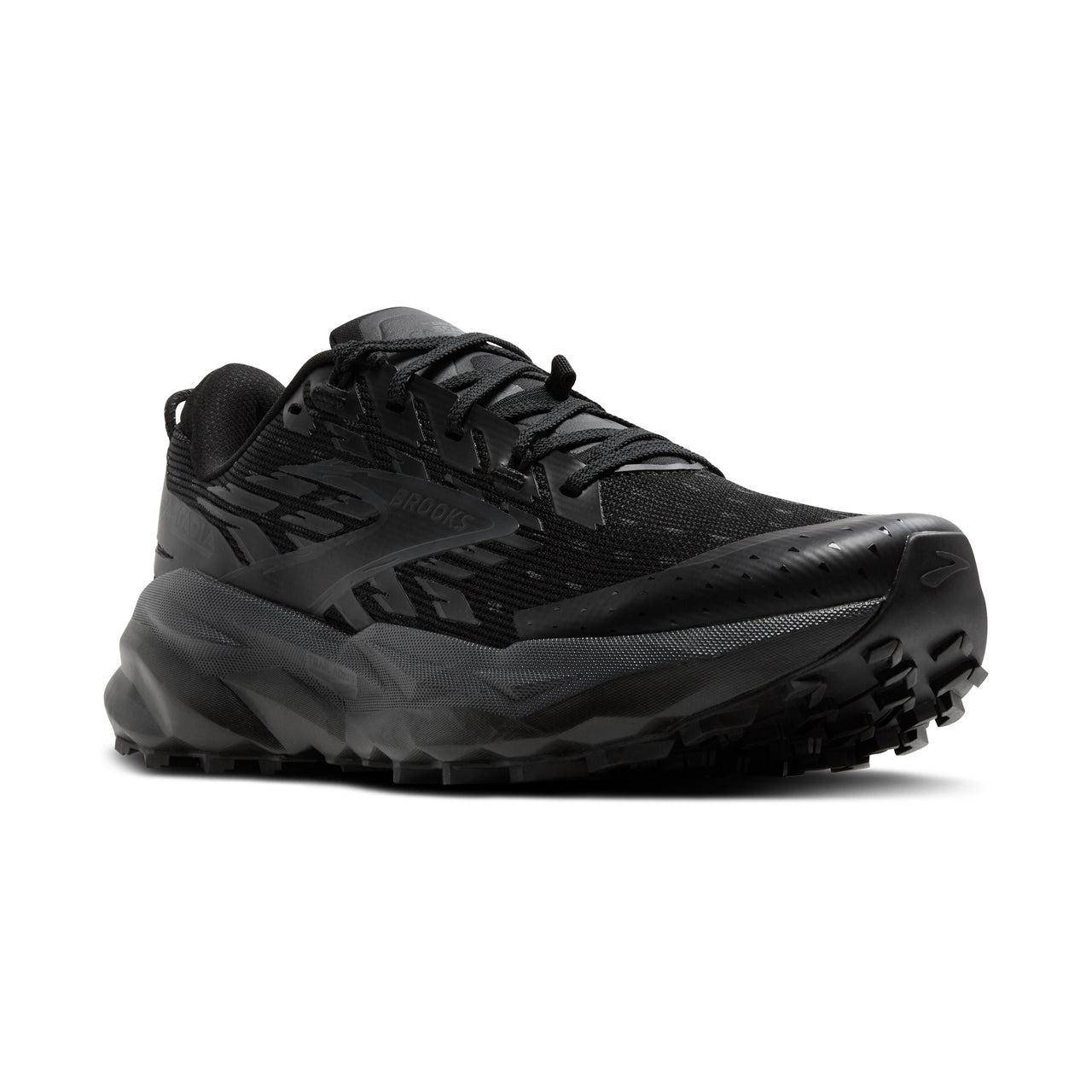 Black trail running shoe with a lugged outsole.