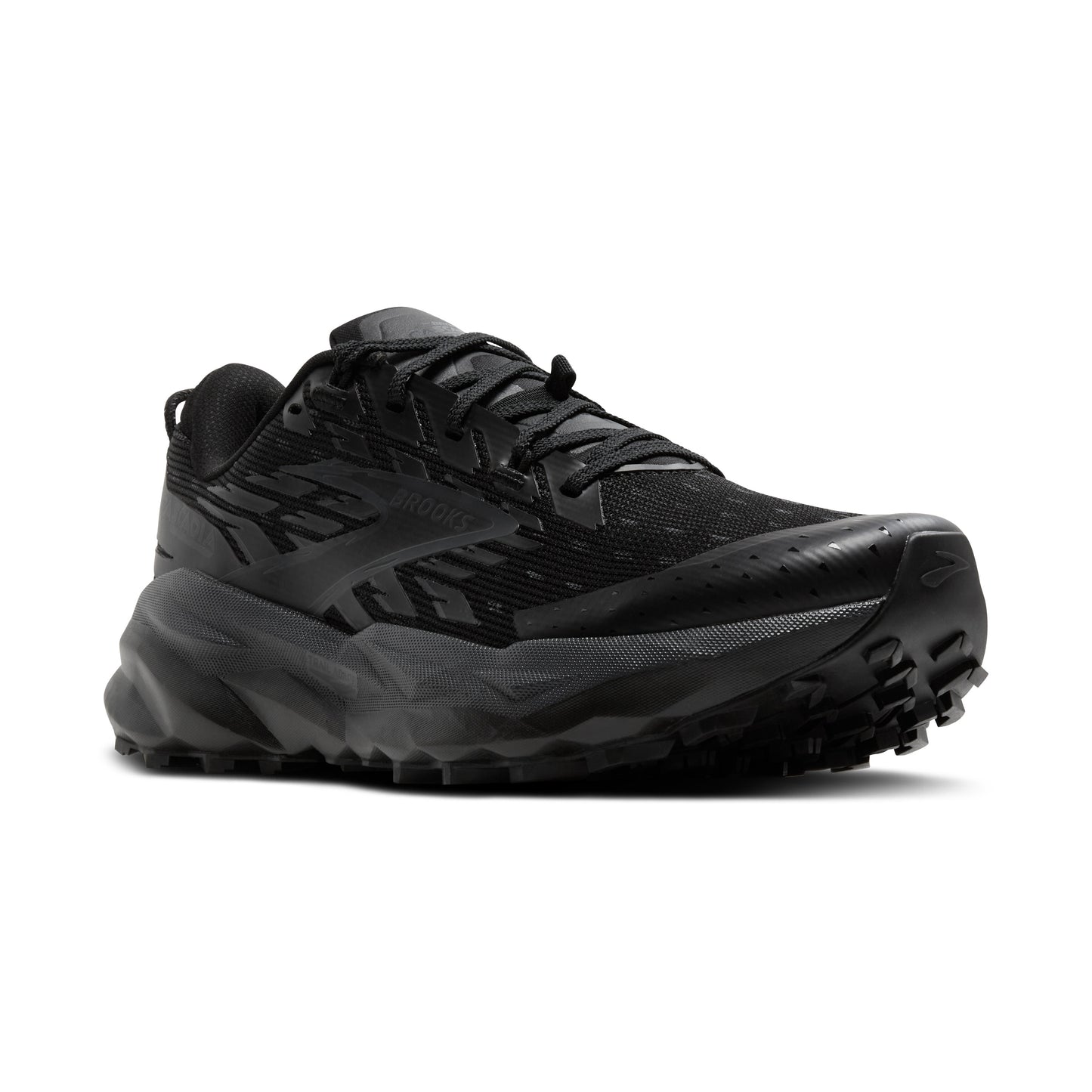 Black trail running shoe with a lugged outsole.