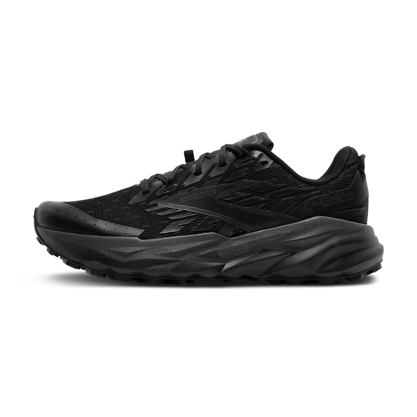 All black running shoe with jagged sole.