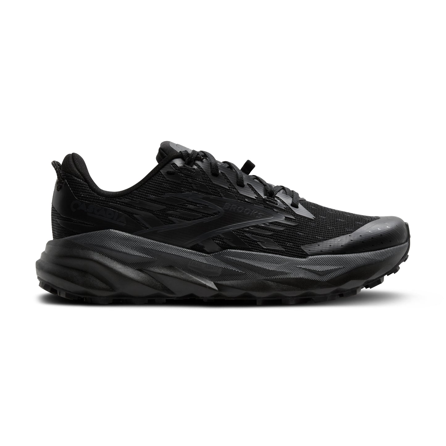 A black running shoe with a textured upper and thick, treaded sole.