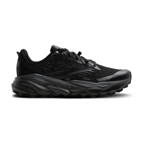 A black running shoe with a textured upper and thick, treaded sole.