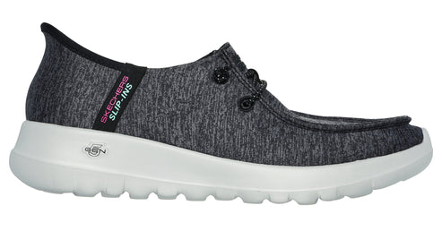 Slip-on heathered charcoal shoe with a white sole, laced with eyelets, and "SKECHERS SLIP-INS" printed on the heel.