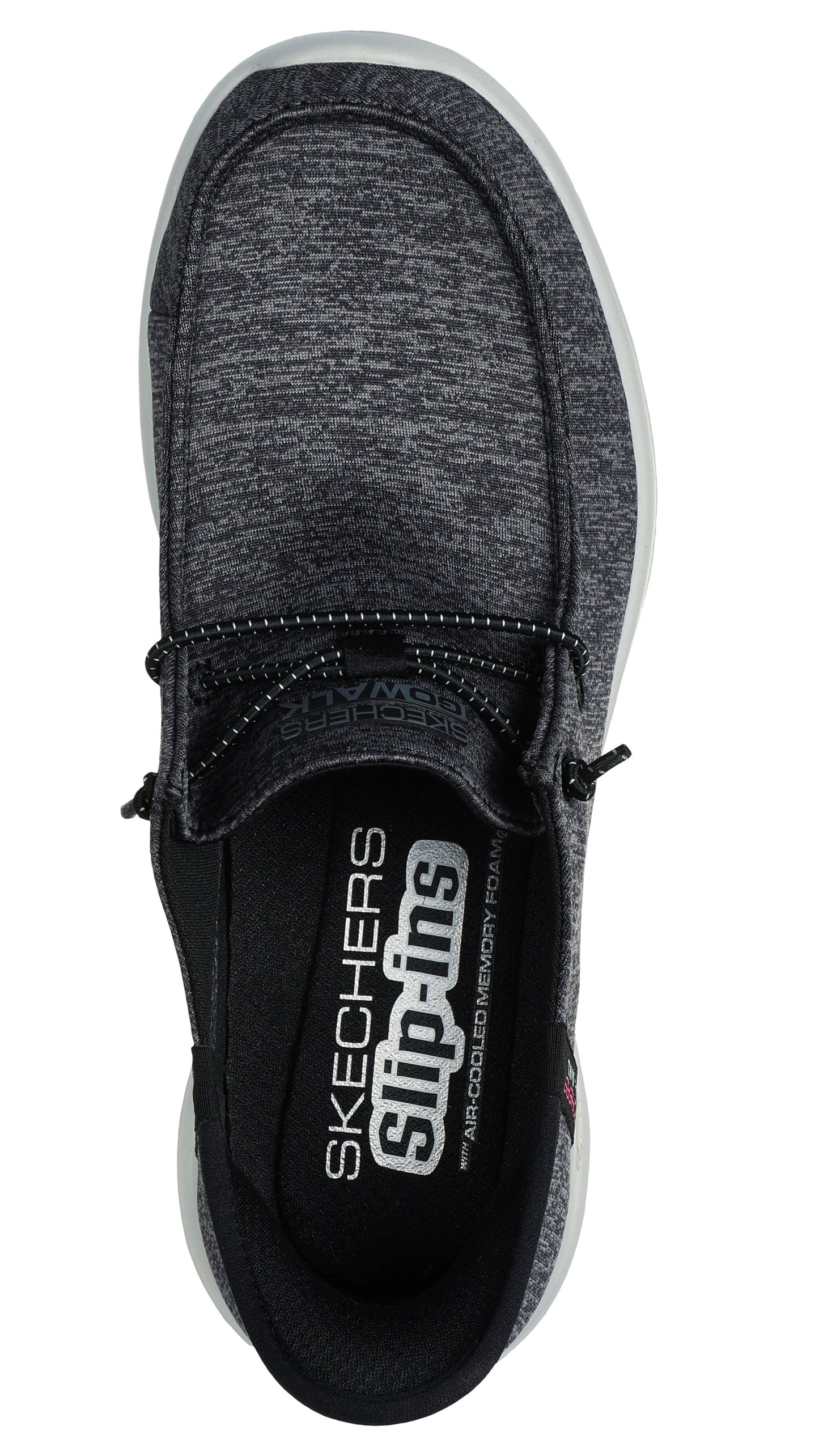 Top-down view of a gray slip-on shoe with white sole, displaying the words "SKECHERS Slip-ins Air-Cooled Memory Foam" in black, white, and red.
