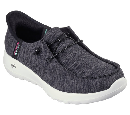 Slip-on style casual shoe with gray heathered fabric upper, white sole, and black laces
