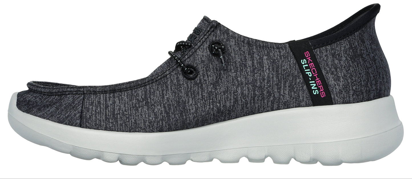 A gray slip-on shoe with the words 'SKECHERS SLIP-INS' on the heel.