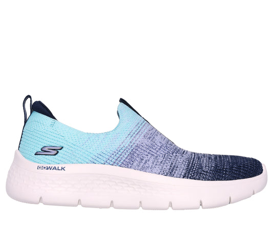 Slip-on walking shoe with gradient blue knit upper and white sole
