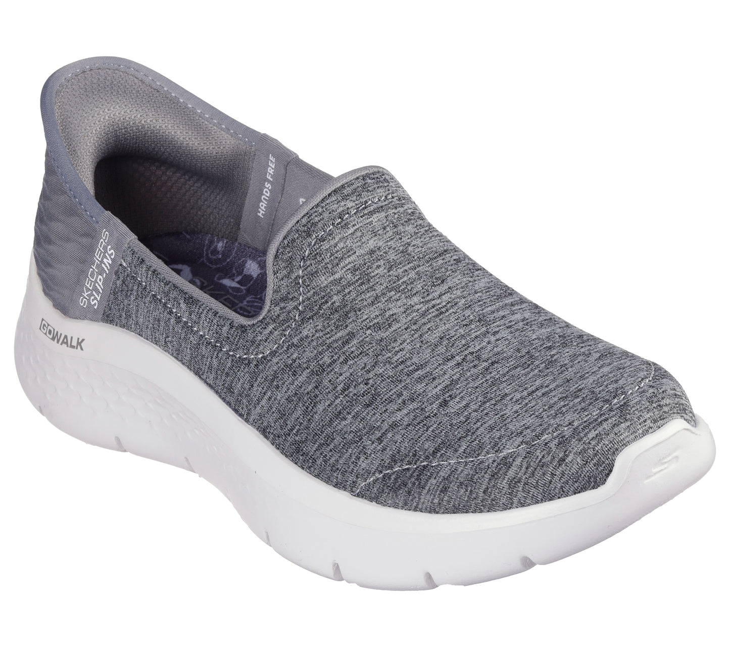Slip-on sneaker with gray heathered upper and white sole.