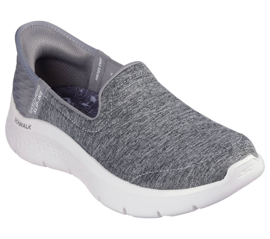 Slip-on sneaker with gray heathered upper and white sole.