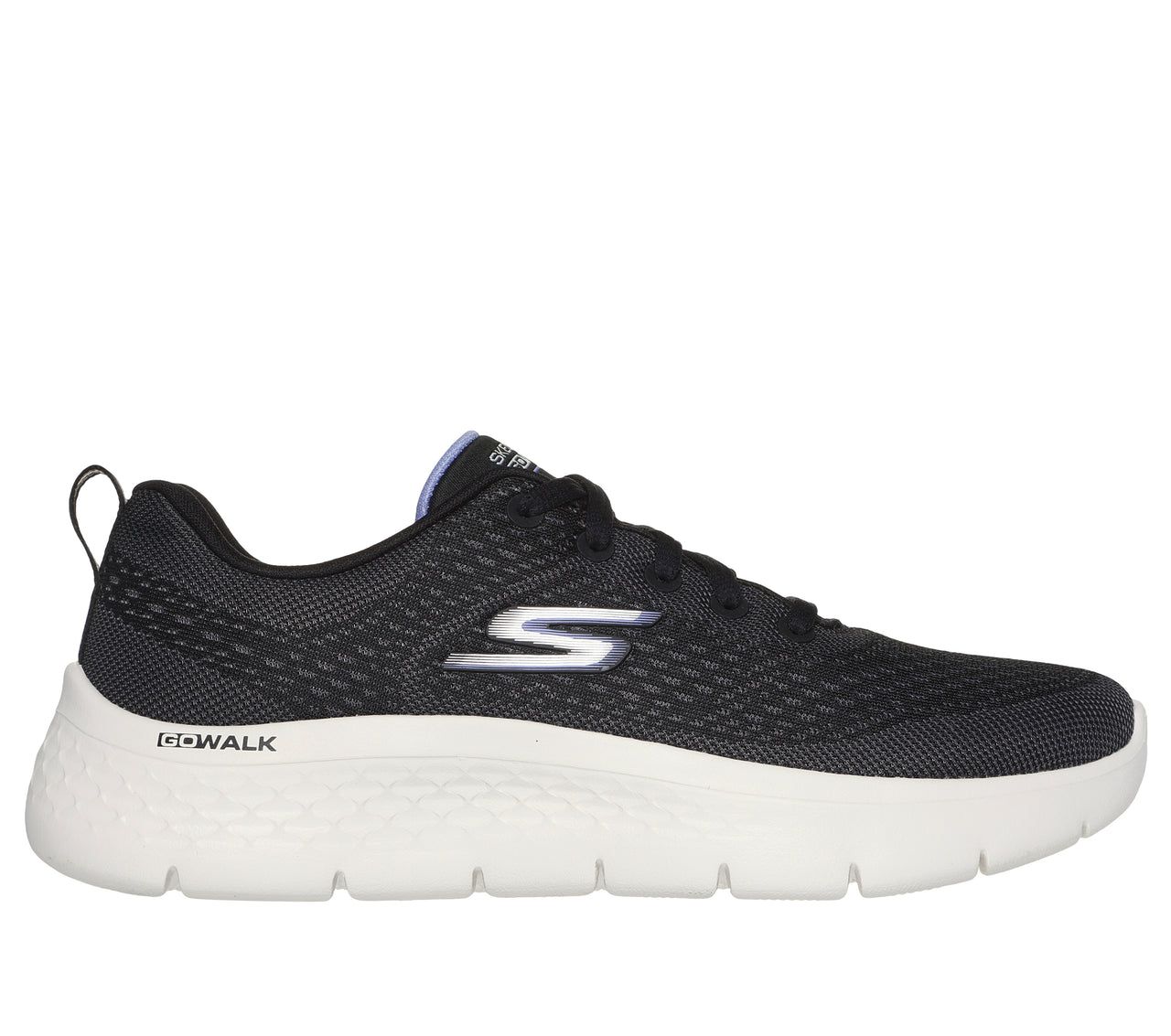 A black walking shoe with a white sole.