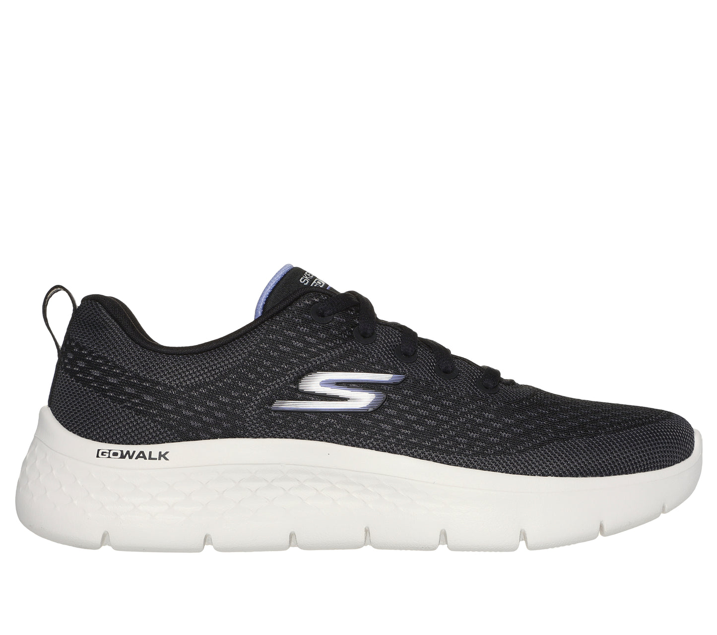 A black walking shoe with a white sole.