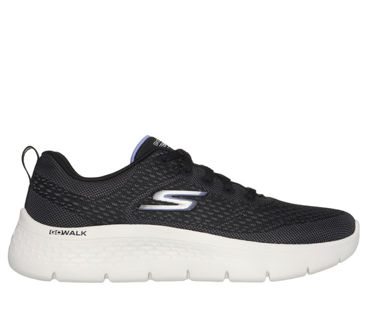 A black walking shoe with a white sole.