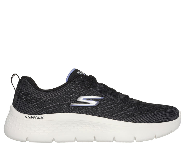 A black walking shoe with a white sole.