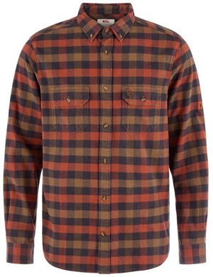 A long-sleeved button-down shirt featuring a brown, black, and rust-orange plaid pattern with two chest pockets, buttoned cuffs, and a collared neckline.