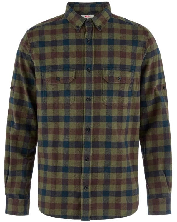 A long-sleeved, button-down flannel shirt with a plaid pattern in olive green, dark brown, and navy blue, featuring a button-down collar and two chest pockets with button flaps.