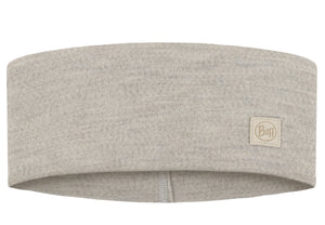 Beige fleece headband with a square tag.