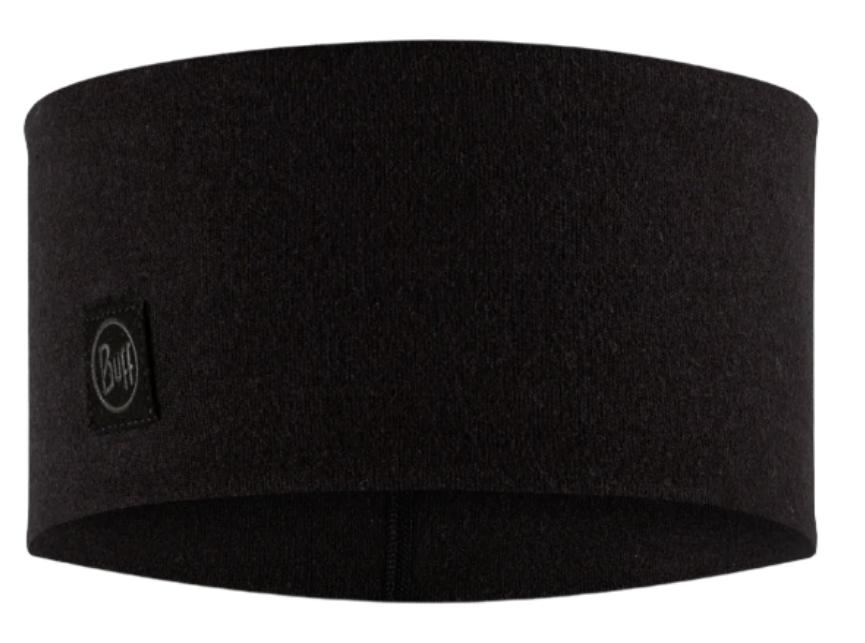 Black fleece headband with a circular logo on the left side.